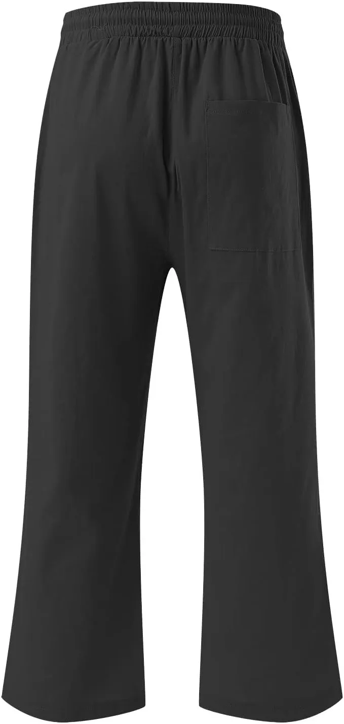 Womens Linen Capri Pants 2024 Summer Casual High Waist Elastic Drawstring Loose Soft Pockets Wide Leg Crop Trousers