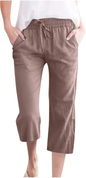 Womens Linen Capri Pants 2024 Summer Casual High Waist Elastic Drawstring Loose Soft Pockets Wide Leg Crop Trousers
