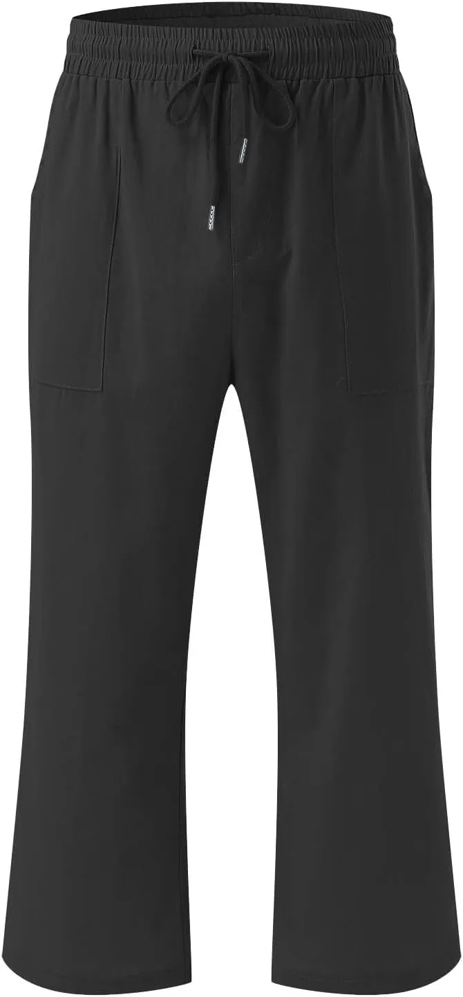 Womens Linen Capri Pants 2024 Summer Casual High Waist Elastic Drawstring Loose Soft Pockets Wide Leg Crop Trousers