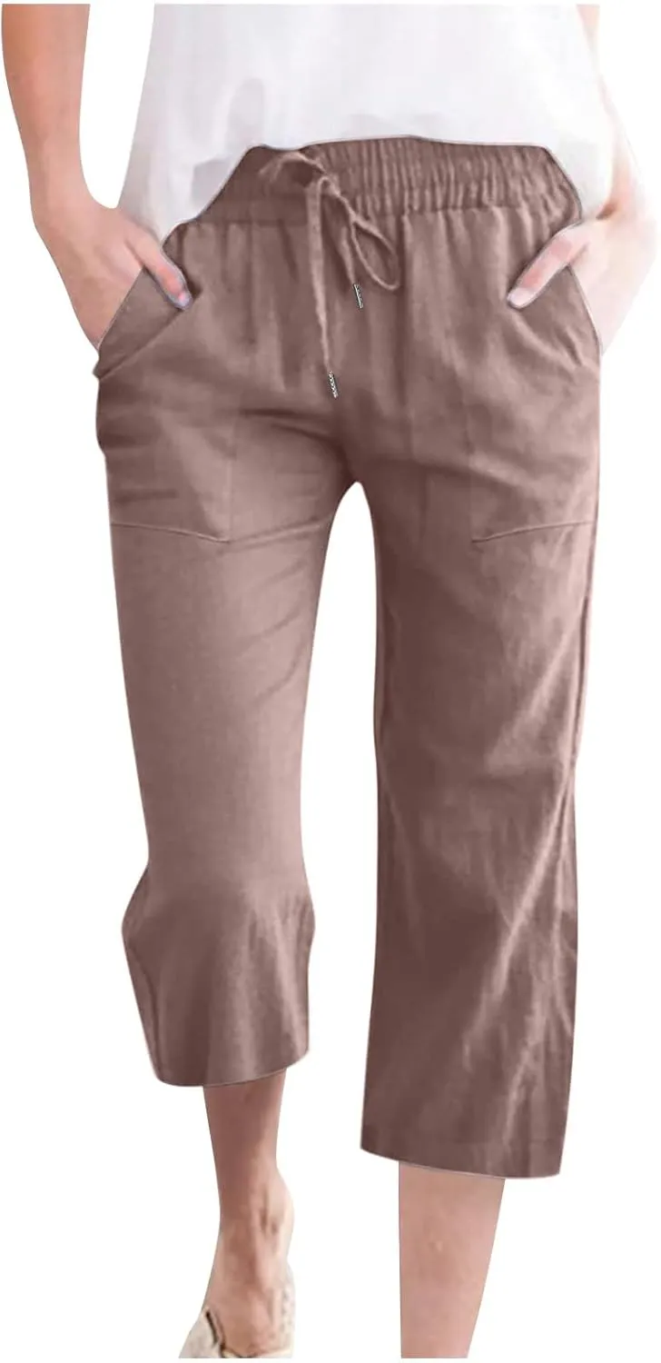Womens Linen Capri Pants 2024 Summer Casual High Waist Elastic Drawstring Loose Soft Pockets Wide Leg Crop Trousers