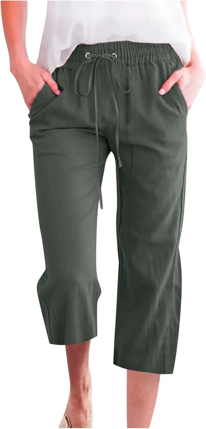 Womens Linen Capri Pants 2024 Summer Casual High Waist Elastic Drawstring Loose Soft Pockets Wide Leg Crop Trousers