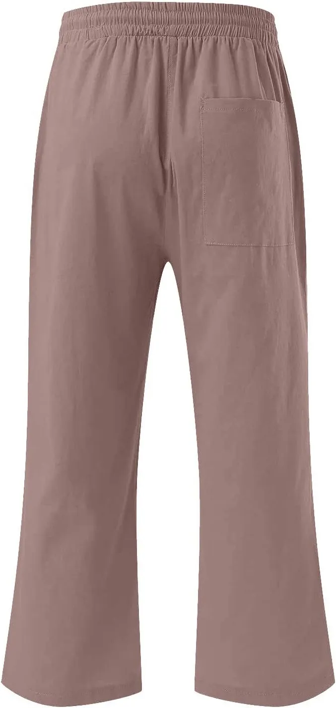 Womens Linen Capri Pants 2024 Summer Casual High Waist Elastic Drawstring Loose Soft Pockets Wide Leg Crop Trousers