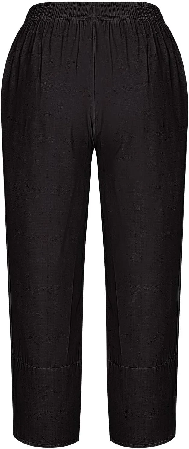 Womens Linen Cropped Pants Elastic Waist Trouser Ladies Harem Trousers Plain Casual Wear Loose Fit Trouser Stretch