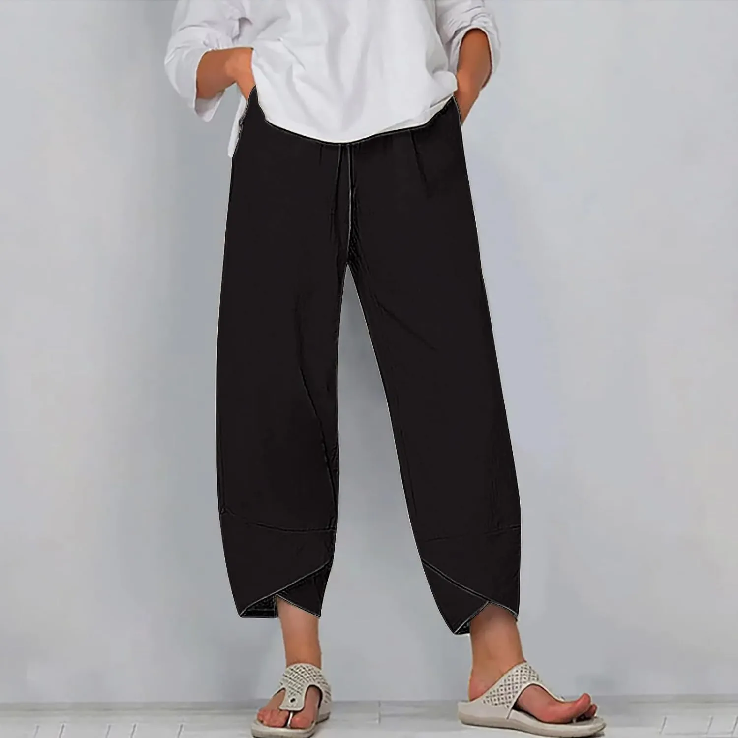 Womens Linen Cropped Pants Elastic Waist Trouser Ladies Harem Trousers Plain Casual Wear Loose Fit Trouser Stretch