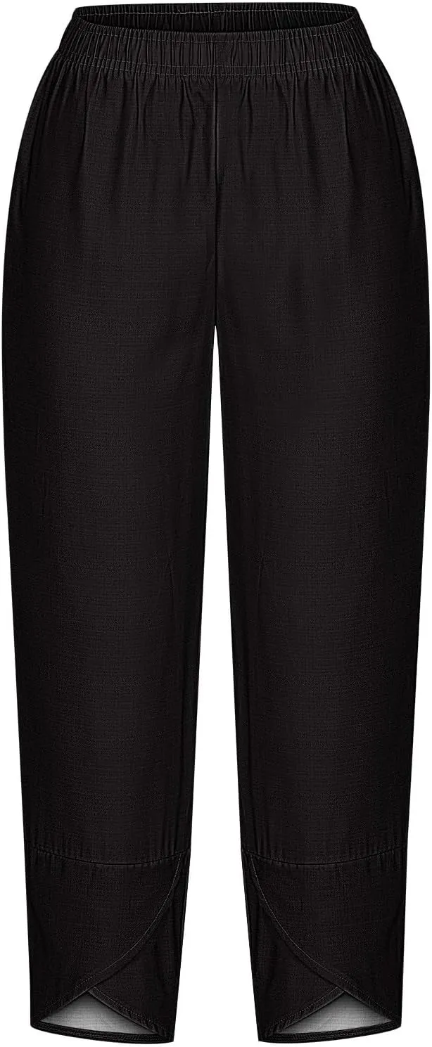 Womens Linen Cropped Pants Elastic Waist Trouser Ladies Harem Trousers Plain Casual Wear Loose Fit Trouser Stretch