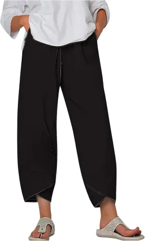 Womens Linen Cropped Pants Elastic Waist Trouser Ladies Harem Trousers Plain Casual Wear Loose Fit Trouser Stretch