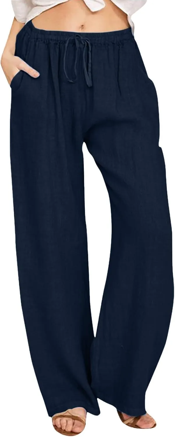 Womens Linen Palazzo Pants Casual Summer Beach Vacation High Waist Wide Leg Trousers Lounge Soft Slacks with Pockets