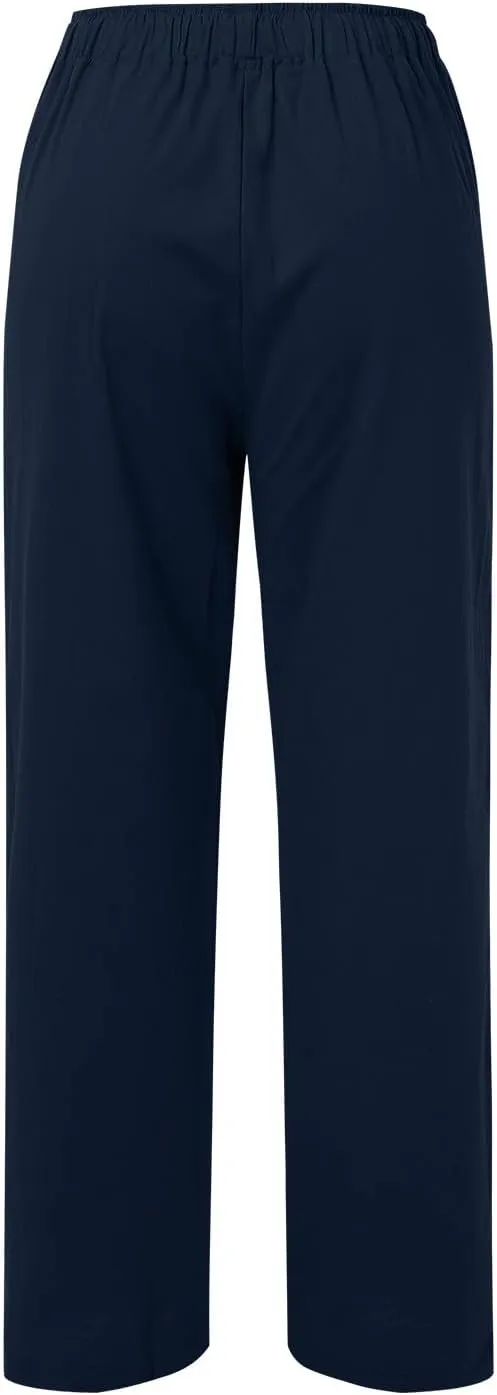 Womens Linen Palazzo Pants Casual Summer Beach Vacation High Waist Wide Leg Trousers Lounge Soft Slacks with Pockets
