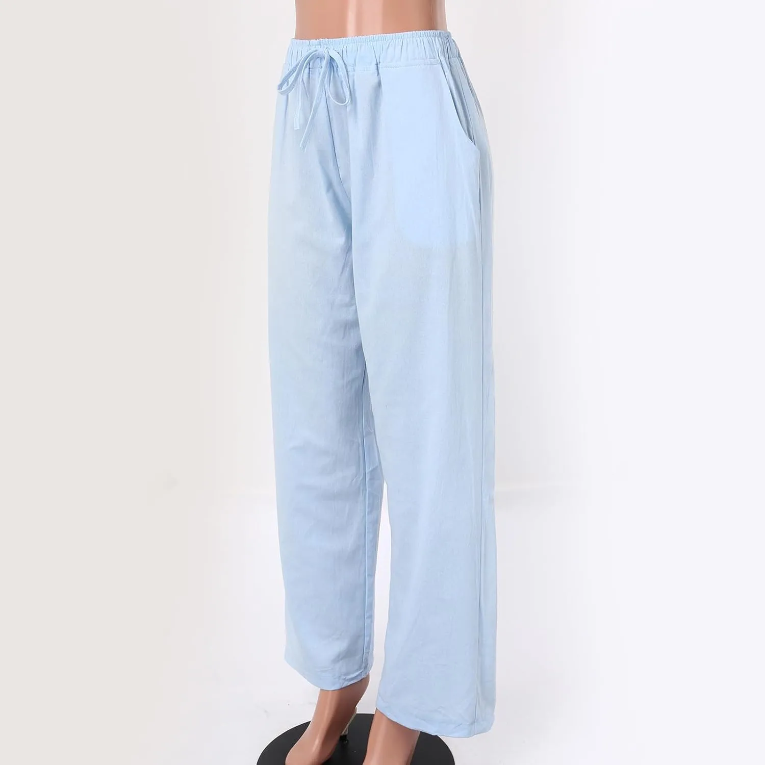 Womens Linen Palazzo Pants Casual Summer Beach Vacation High Waist Wide Leg Trousers Lounge Soft Slacks with Pockets