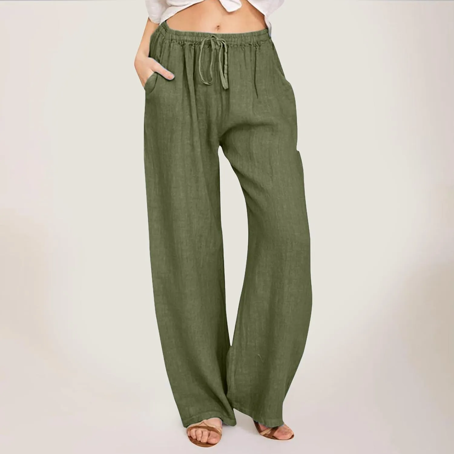 Womens Linen Palazzo Pants Casual Summer Beach Vacation High Waist Wide Leg Trousers Lounge Soft Slacks with Pockets