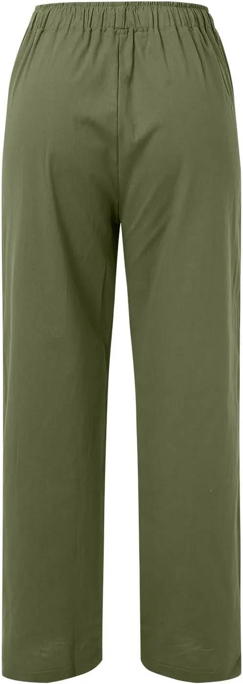 Womens Linen Palazzo Pants Casual Summer Beach Vacation High Waist Wide Leg Trousers Lounge Soft Slacks with Pockets