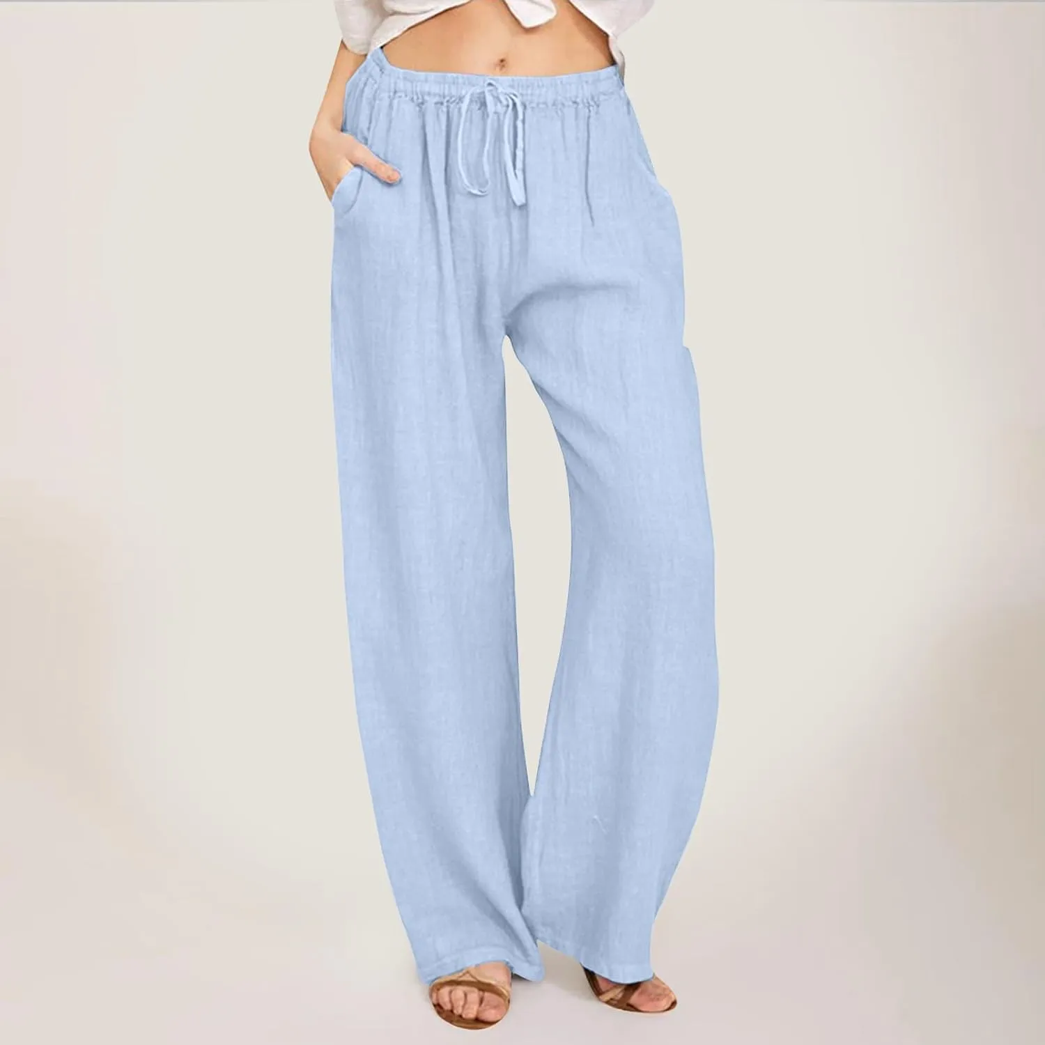 Womens Linen Palazzo Pants Casual Summer Beach Vacation High Waist Wide Leg Trousers Lounge Soft Slacks with Pockets