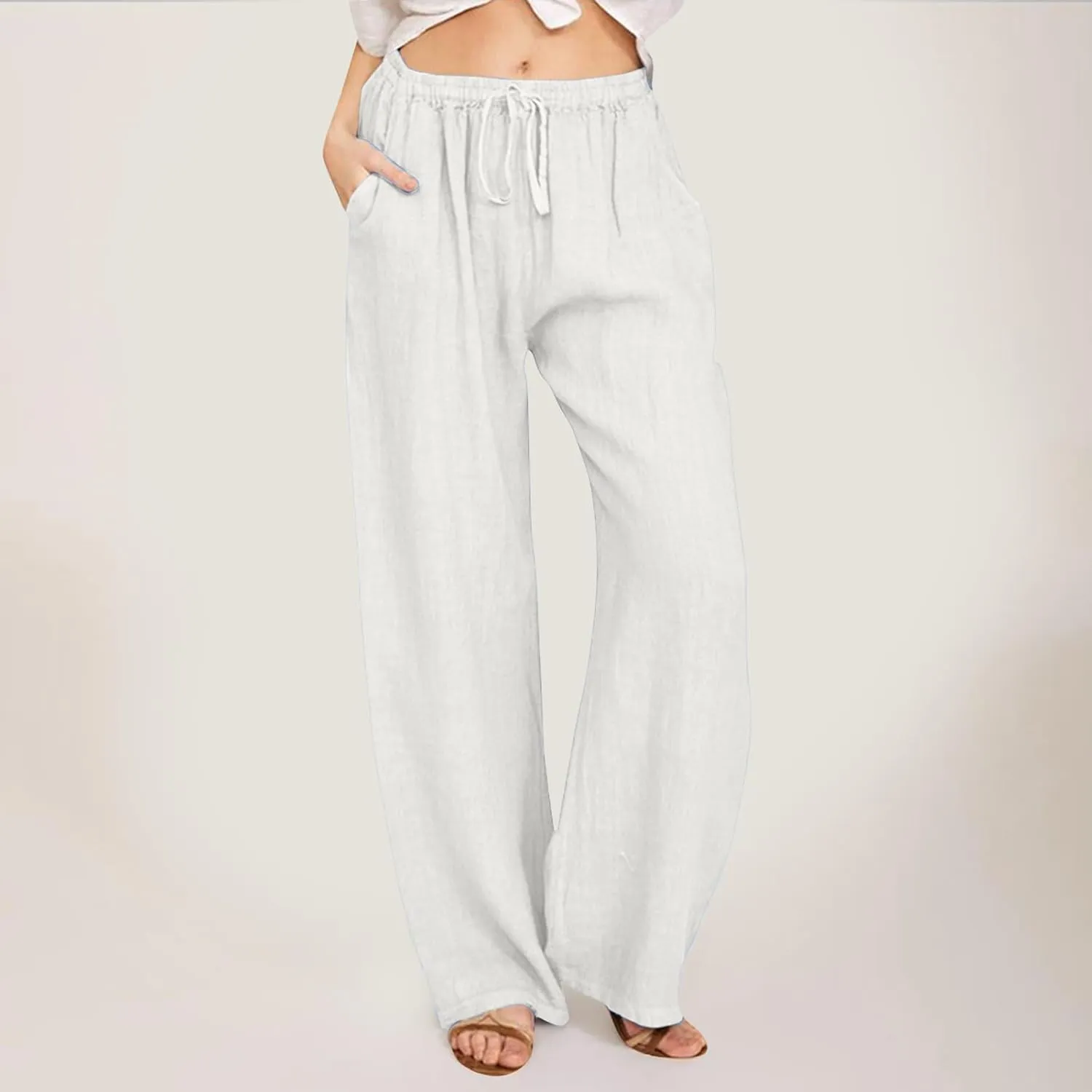 Womens Linen Palazzo Pants Casual Summer Beach Vacation High Waist Wide Leg Trousers Lounge Soft Slacks with Pockets