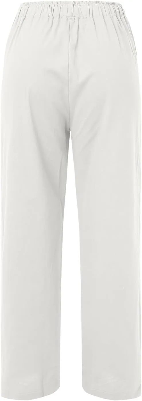 Womens Linen Palazzo Pants Casual Summer Beach Vacation High Waist Wide Leg Trousers Lounge Soft Slacks with Pockets