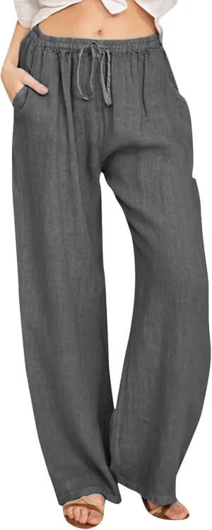 Womens Linen Palazzo Pants Casual Summer Beach Vacation High Waist Wide Leg Trousers Lounge Soft Slacks with Pockets