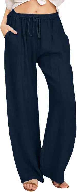 Womens Linen Palazzo Pants Casual Summer Beach Vacation High Waist Wide Leg Trousers Lounge Soft Slacks with Pockets