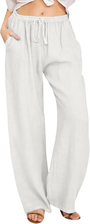 Womens Linen Palazzo Pants Casual Summer Beach Vacation High Waist Wide Leg Trousers Lounge Soft Slacks with Pockets