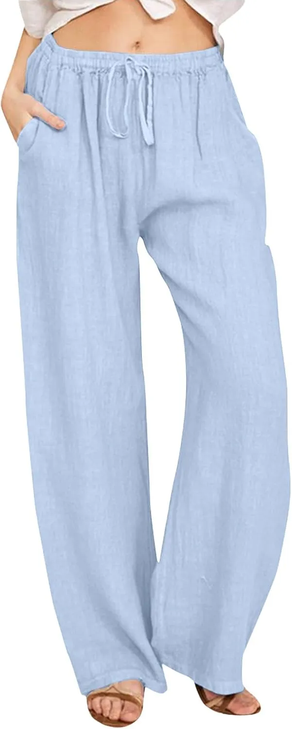 Womens Linen Palazzo Pants Casual Summer Beach Vacation High Waist Wide Leg Trousers Lounge Soft Slacks with Pockets