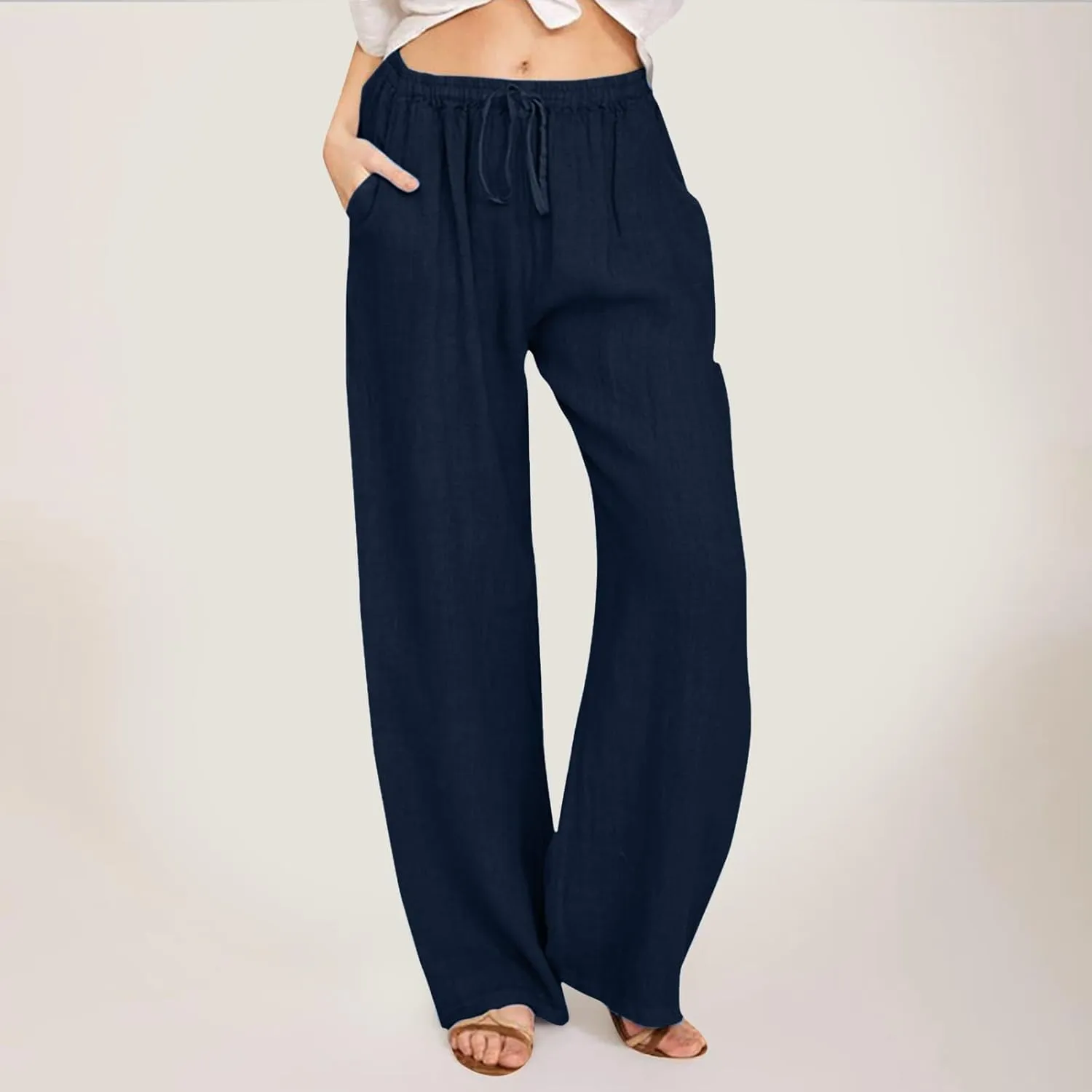Womens Linen Palazzo Pants Casual Summer Beach Vacation High Waist Wide Leg Trousers Lounge Soft Slacks with Pockets