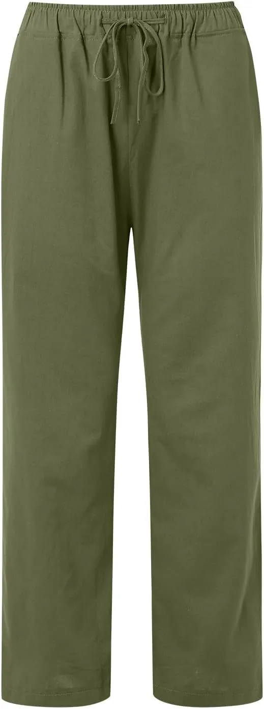 Womens Linen Palazzo Pants Casual Summer Beach Vacation High Waist Wide Leg Trousers Lounge Soft Slacks with Pockets