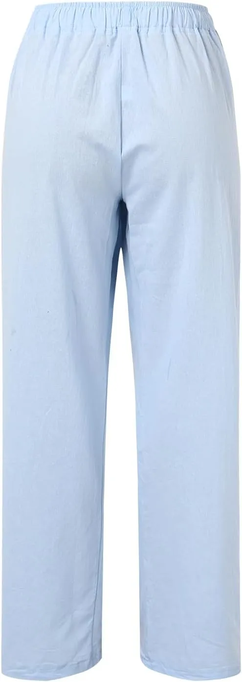 Womens Linen Palazzo Pants Casual Summer Beach Vacation High Waist Wide Leg Trousers Lounge Soft Slacks with Pockets