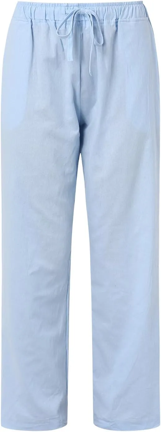 Womens Linen Palazzo Pants Casual Summer Beach Vacation High Waist Wide Leg Trousers Lounge Soft Slacks with Pockets