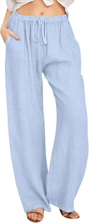 Womens Linen Palazzo Pants Casual Summer Beach Vacation High Waist Wide Leg Trousers Lounge Soft Slacks with Pockets