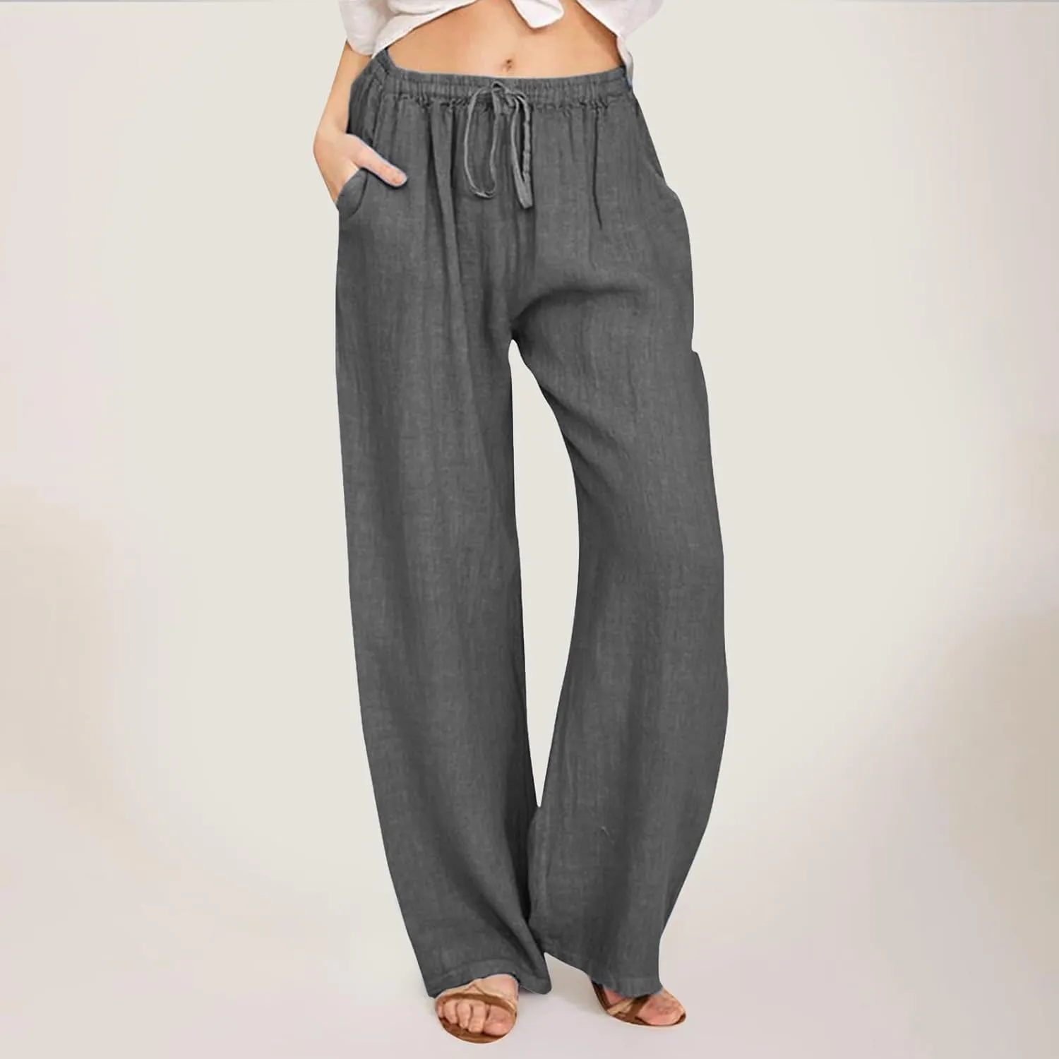 Womens Linen Palazzo Pants Casual Summer Casual Vacation High Waist Wide Leg Trousers Lounge Soft Slacks with Pockets