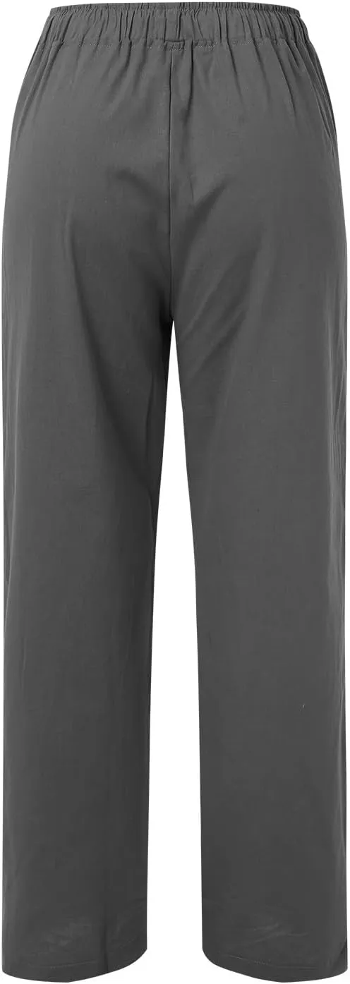 Womens Linen Palazzo Pants Casual Summer Casual Vacation High Waist Wide Leg Trousers Lounge Soft Slacks with Pockets