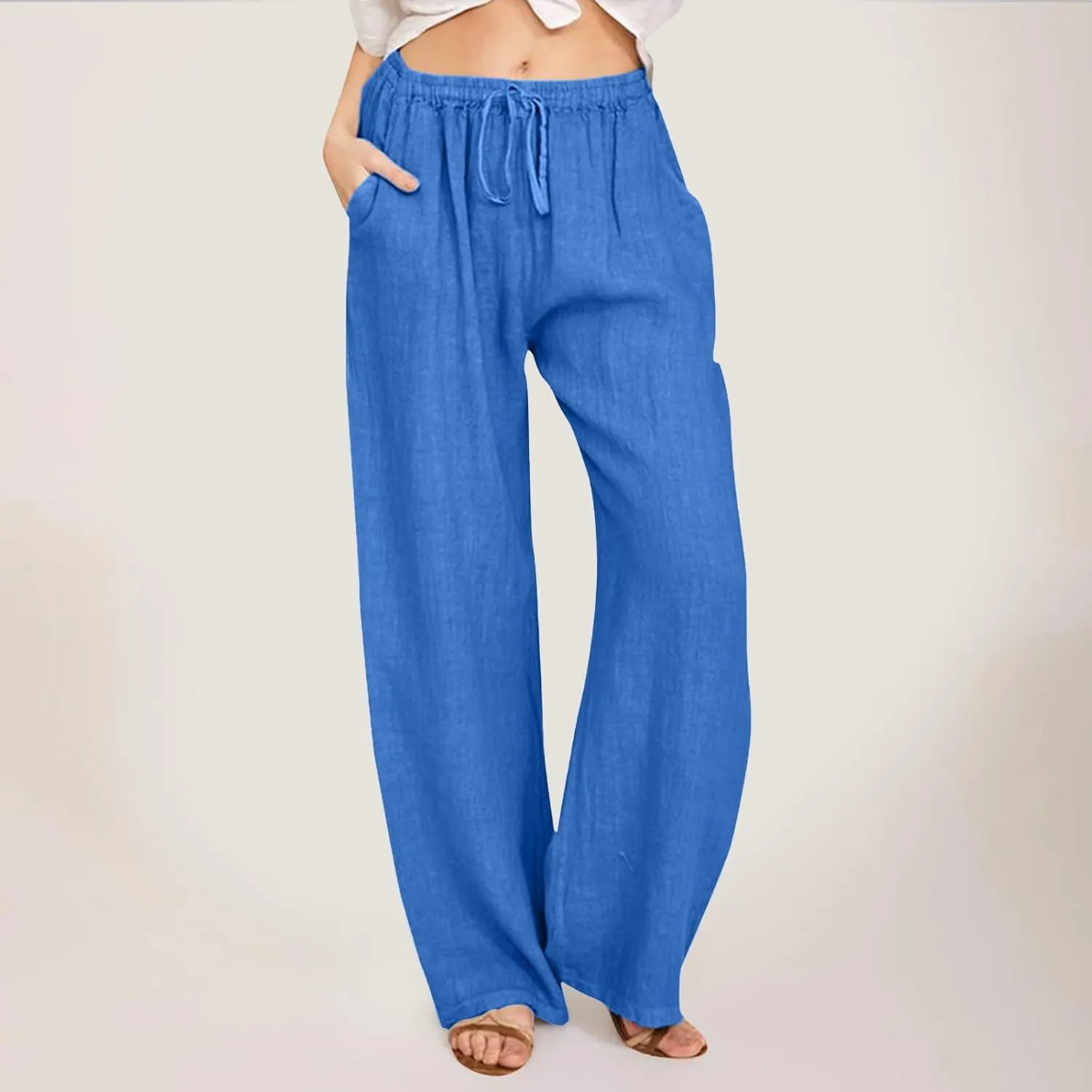 Womens Linen Palazzo Pants Casual Summer Casual Vacation High Waist Wide Leg Trousers Lounge Soft Slacks with Pockets