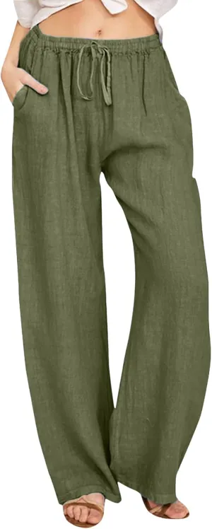 Womens Linen Palazzo Pants Casual Summer Casual Vacation High Waist Wide Leg Trousers Lounge Soft Slacks with Pockets