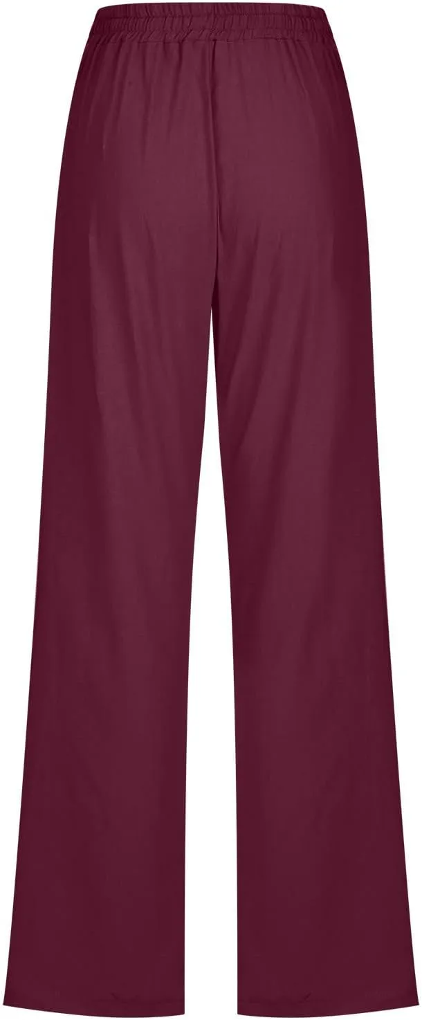 Womens Linen Pants Comfy Soft Long Pants 2025 Summer Casual Boho Pants High Waist Lounge Beach Trousers with Pockets