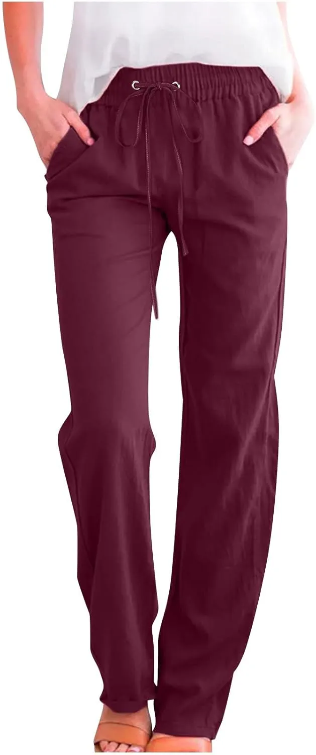 Womens Linen Pants Comfy Soft Long Pants 2025 Summer Casual Boho Pants High Waist Lounge Beach Trousers with Pockets