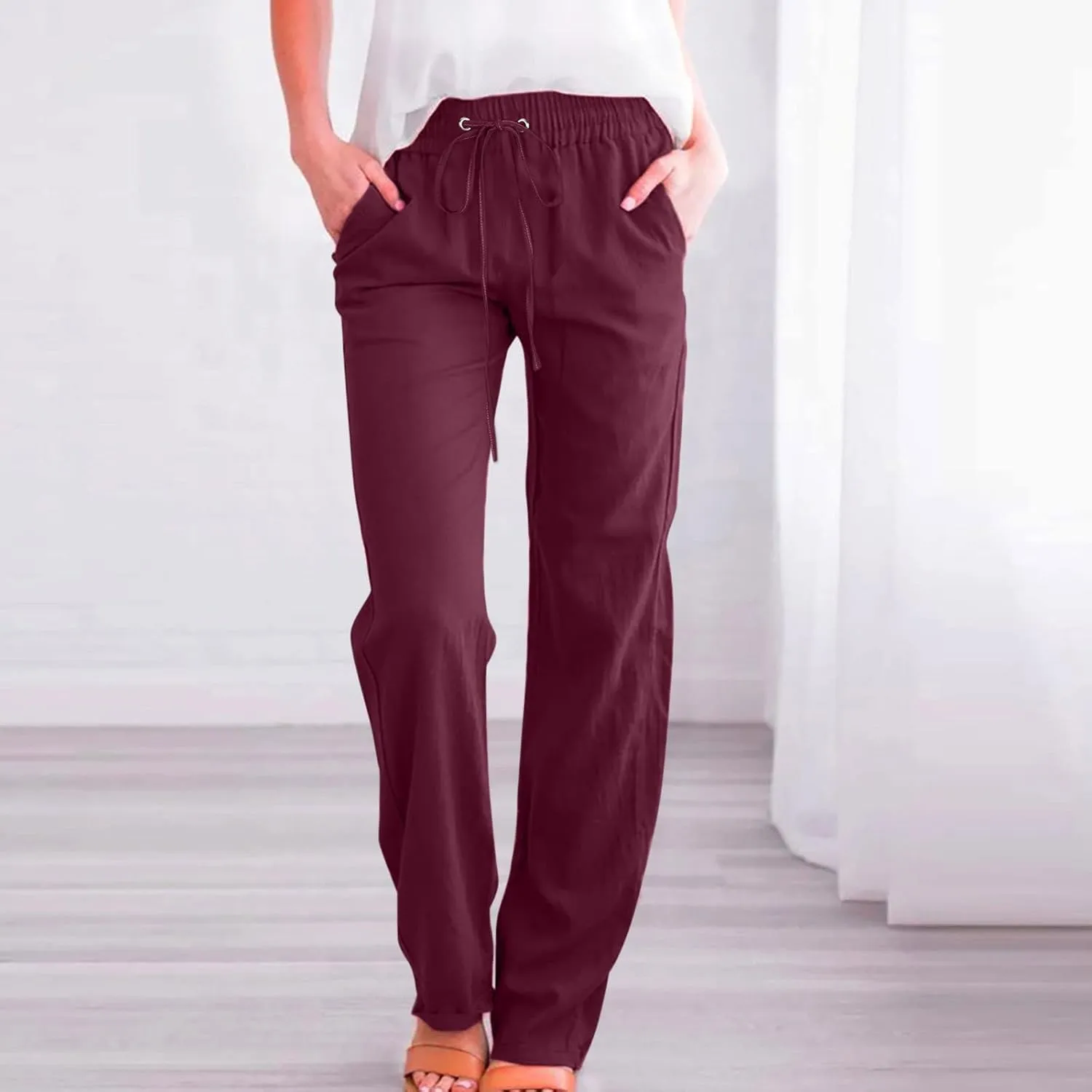 Womens Linen Pants Comfy Soft Long Pants 2025 Summer Casual Boho Pants High Waist Lounge Beach Trousers with Pockets