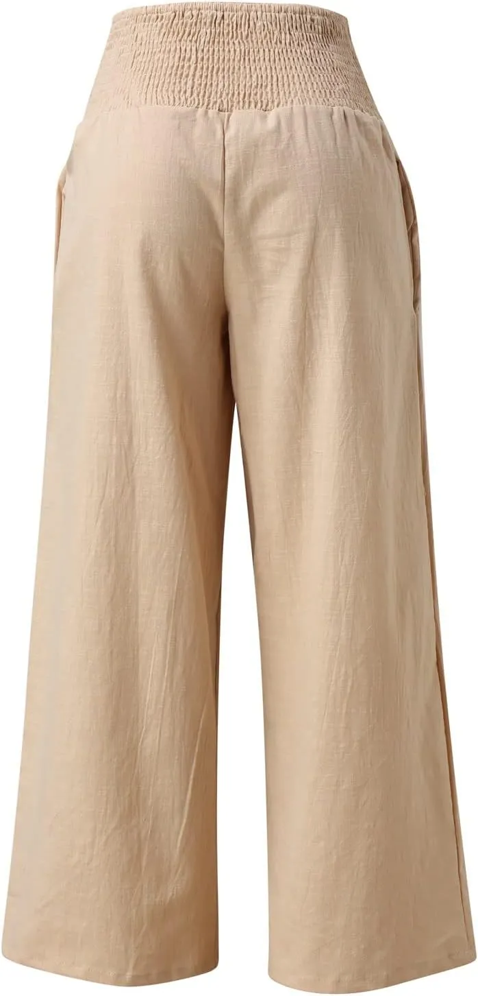 Womens Linen Wide Leg PantsSummer Casual Drawstring Elastic High Waist Trousers Resort Wear Beach Trendy Pant