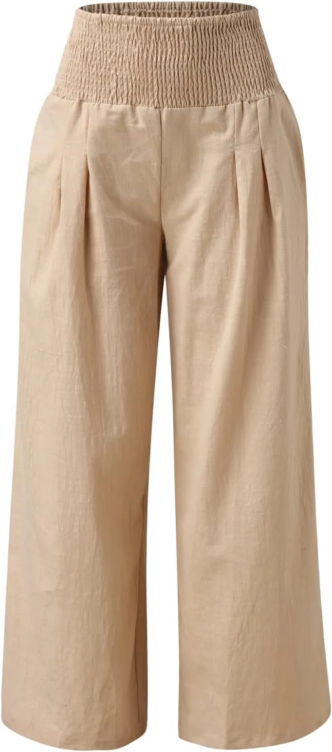 Womens Linen Wide Leg PantsSummer Casual Drawstring Elastic High Waist Trousers Resort Wear Beach Trendy Pant