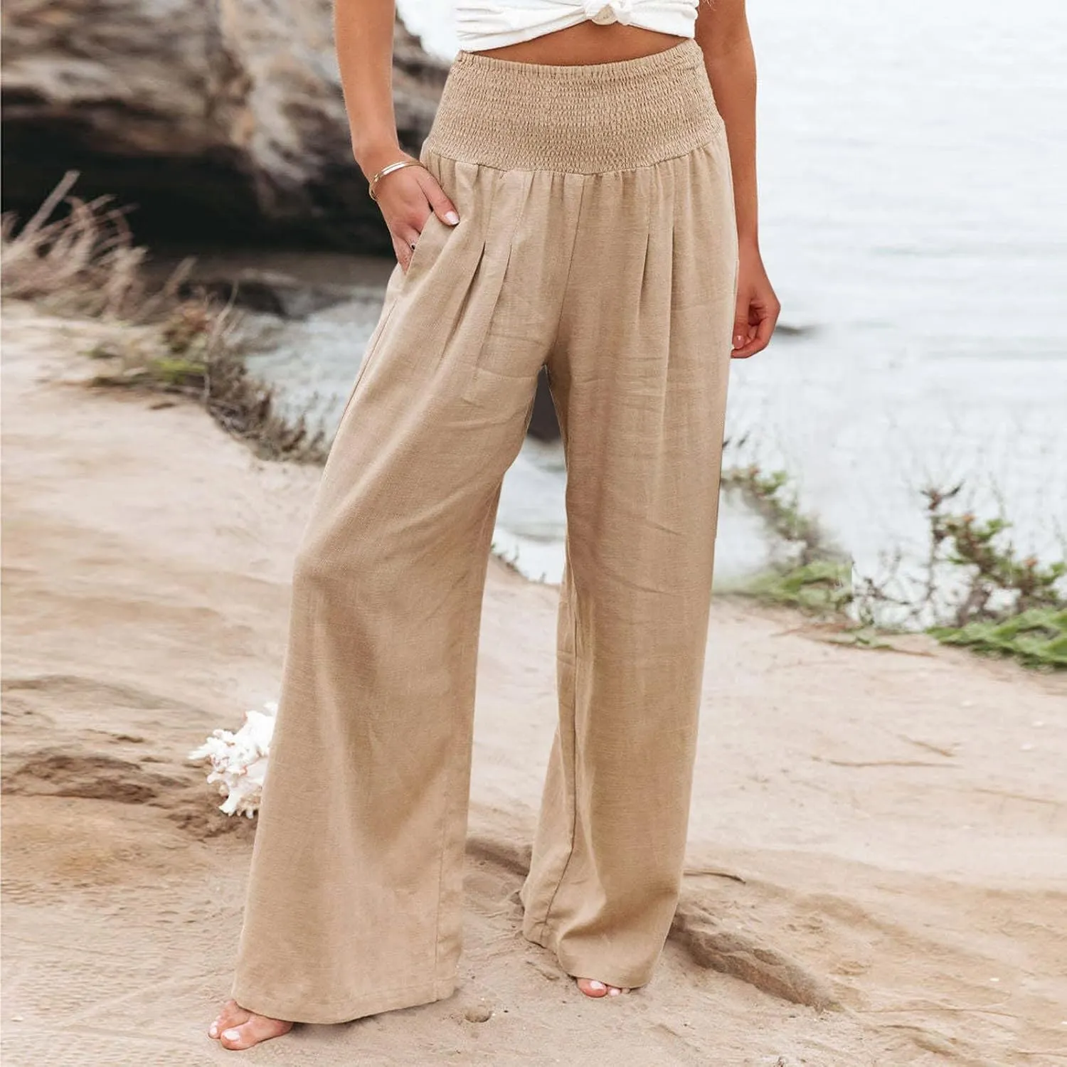 Womens Linen Wide Leg PantsSummer Casual Drawstring Elastic High Waist Trousers Resort Wear Beach Trendy Pant
