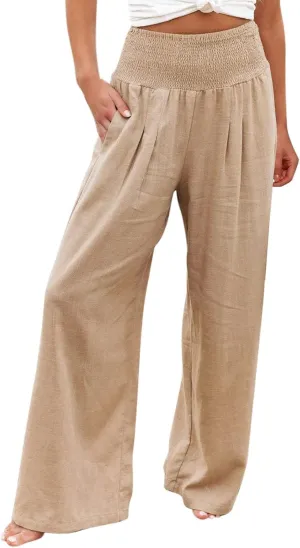 Womens Linen Wide Leg PantsSummer Casual Drawstring Elastic High Waist Trousers Resort Wear Beach Trendy Pant