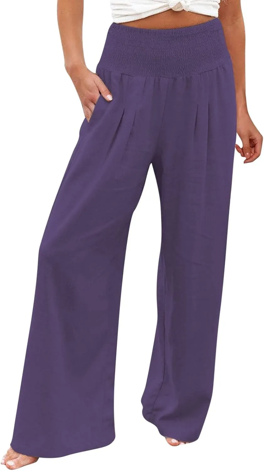 Womens Linen Wide Leg PantsSummer Casual Drawstring Elastic High Waist Trousers Resort Wear Beach Trendy Pant