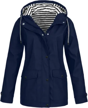 Women's Long Hooded Rain Jacket Waterproof Lightweight Raincoat Adjustable Windbreaker Active Outdoor Hooded Rain Coats