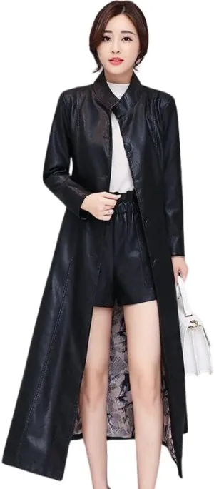 Women's Long Lambskin Leather Trench Coat, Red, Stand Collar, Button Front with Belt (US, Alpha, XX-Small, Regular, Long, Black)