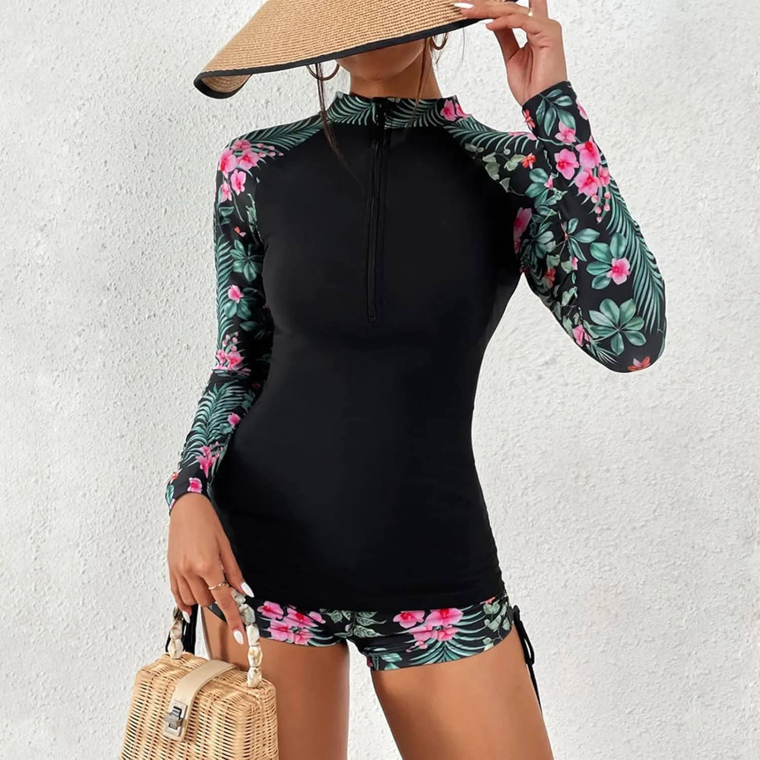Womens Long Sleeve Rashguard UPF 50  Two Piece Swimsuit with Bottom Bulid in Bra Sun Protection Zipper Bathing Suits