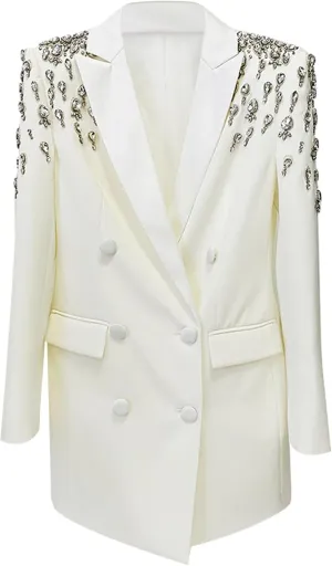 Women's Luxury Outwear Embroidery Flares Diamond Blazer Jackets Long Sleeve Long Blazer Dress Coat