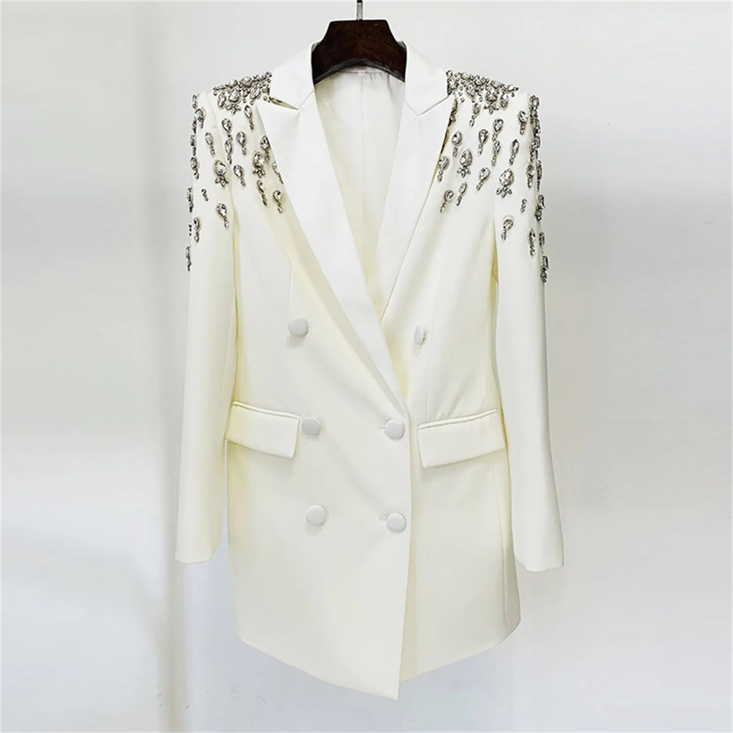 Women's Luxury Outwear Embroidery Flares Diamond Blazer Jackets Long Sleeve Long Blazer Dress Coat