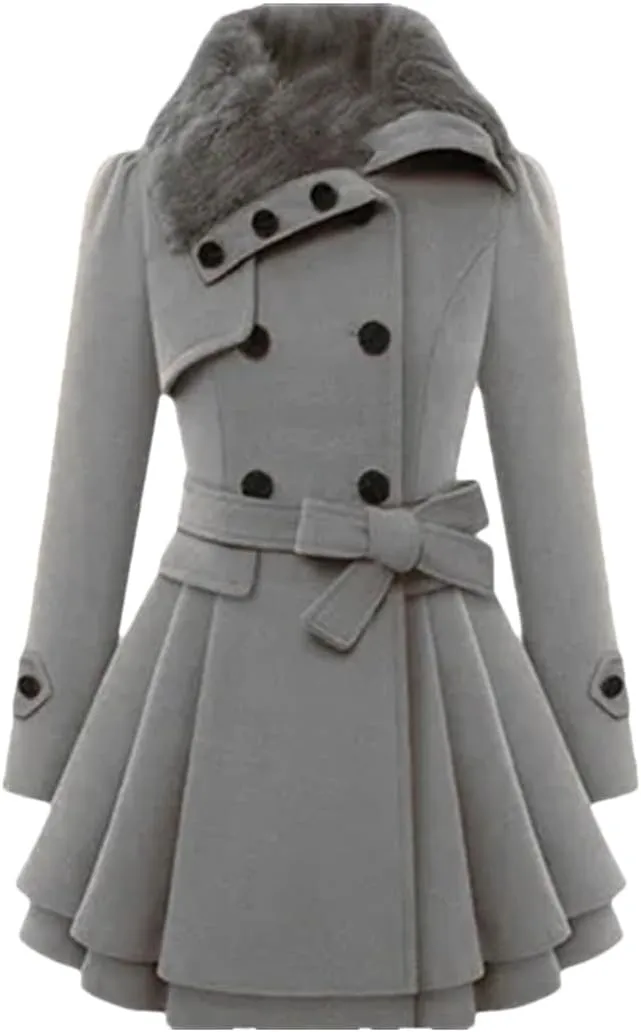 Women's Mid-Long Trench Coat with Belt Coat Double Breasted Pea Coat Trench