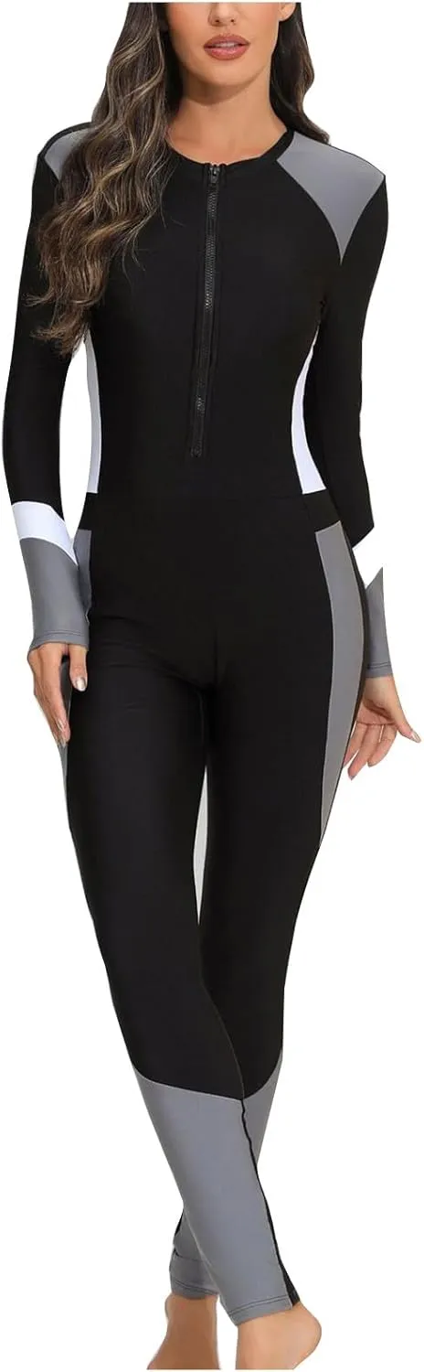 Womens One Piece Bathing Suit Full Body Zip Front Rash Guard Long Sleeve Bodysuit Beach Surfing Swimsuit