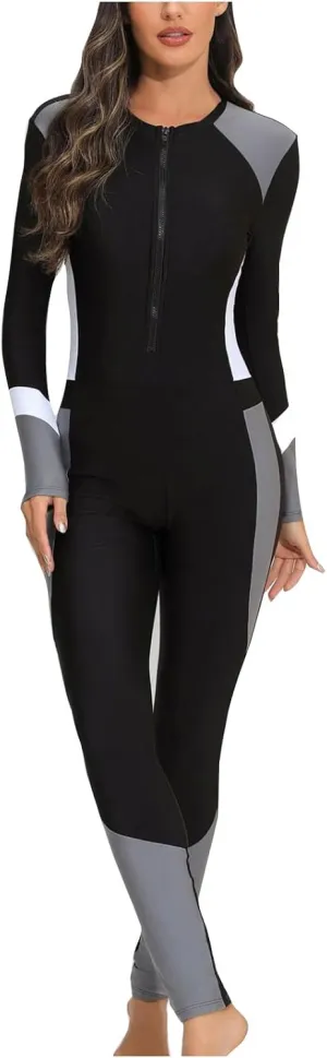 Womens One Piece Bathing Suit Full Body Zip Front Rash Guard Long Sleeve Bodysuit Beach Surfing Swimsuit