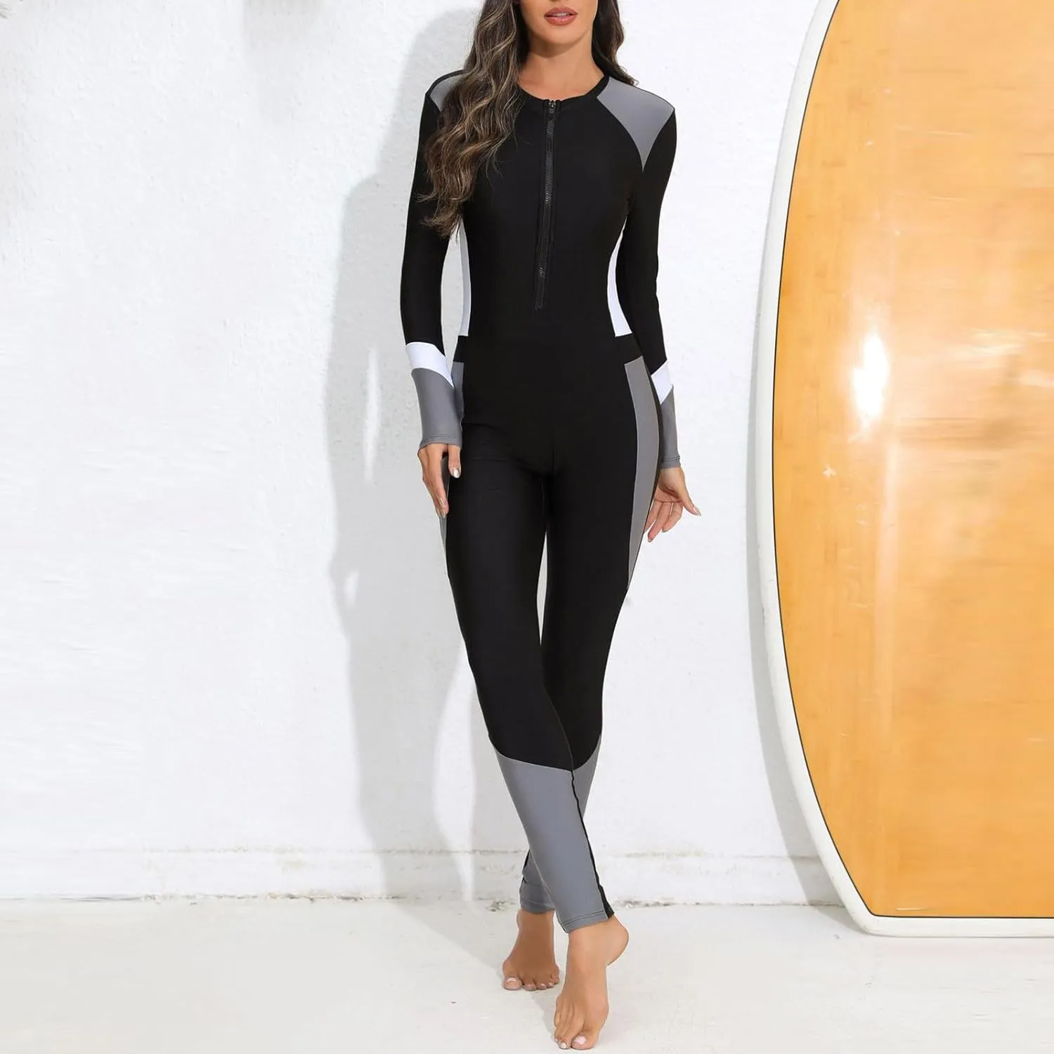 Womens One Piece Bathing Suit Full Body Zip Front Rash Guard Long Sleeve Bodysuit Beach Surfing Swimsuit