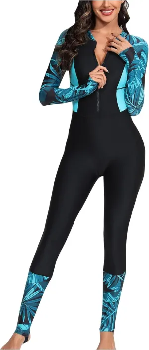 Womens One Piece Bathing Suit Full Body Zip Front Rash Guard Long Sleeve Bodysuit Beach Surfing Swimsuit