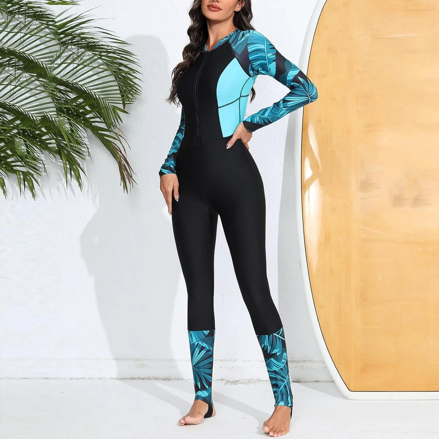 Womens One Piece Bathing Suit Full Body Zip Front Rash Guard Long Sleeve Bodysuit Beach Surfing Swimsuit